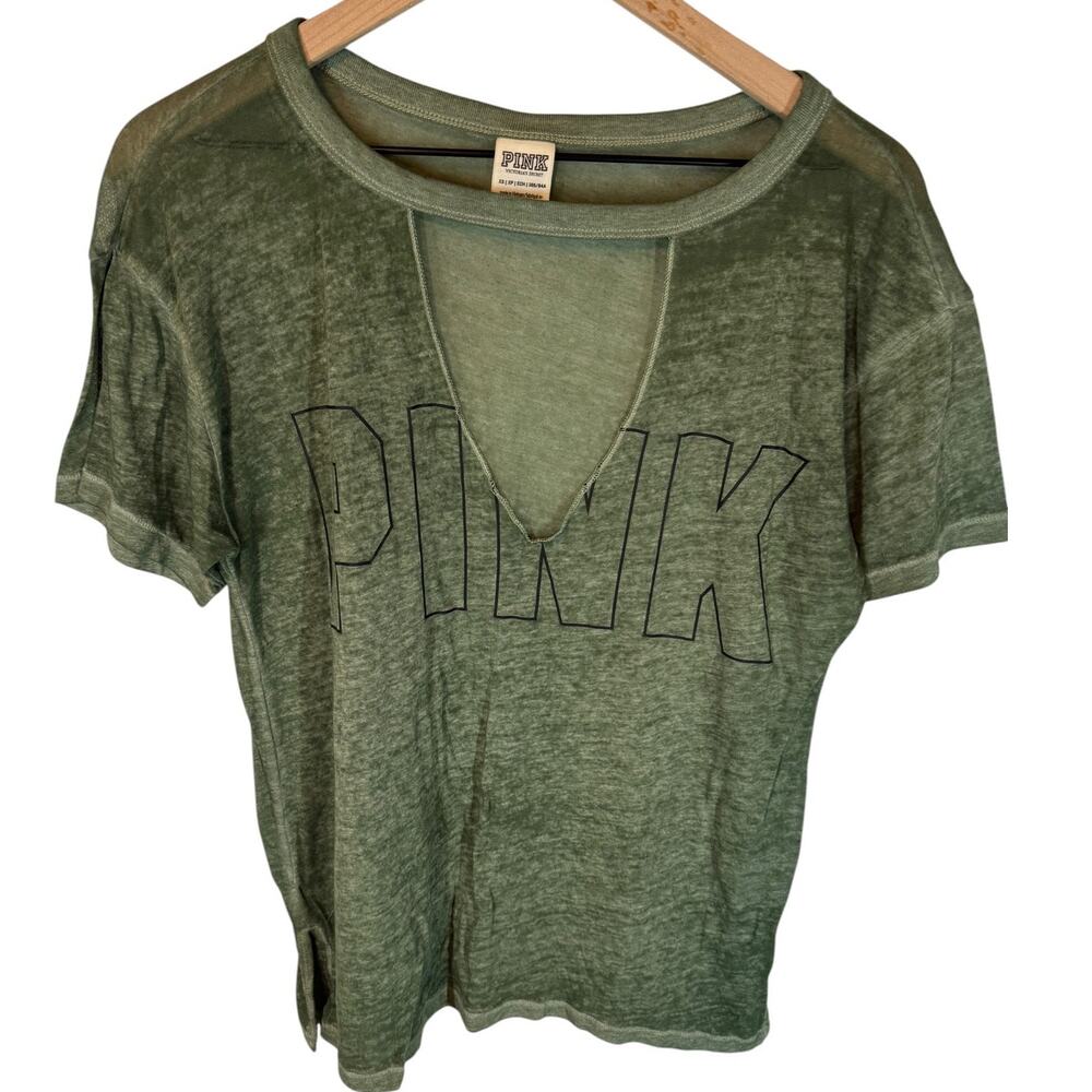 Victoria’s Secret PINK XS Olive Green Sheer V-Neck Logo T-Shirt Side Slit
